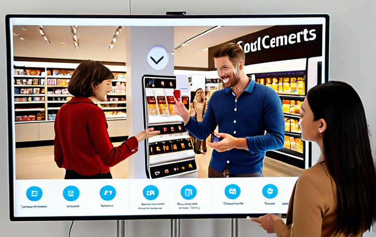 A vibrant scene depicting a modern brand interaction where transparency is key. A diverse group of customers, with open and engaged expressions, are receiving clear, concise information from brand representatives, possibly via a user-friendly digital display showing product details or policy. The setting is bright and open, emphasizing honesty and direct human connection, with no hidden elements.