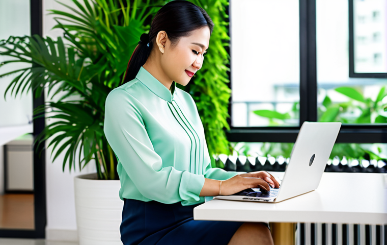 Modern Thai Entrepreneur** "A successful Thai businesswoman in her late 30s, wearing a stylish and modest Thai silk blouse and skirt, working on a laptop in a modern, bright coworking space in Bangkok. Background shows a clean, minimalist design with lush green plants. Perfect anatomy, natural pose, fully clothed, appropriate attire, safe for work, professional photography, high quality, realistic." **