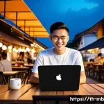 SNS 알고리즘 이해하기 - A modern Thai social media content creator working at a vibrant outdoor café in Bangkok during sunse...