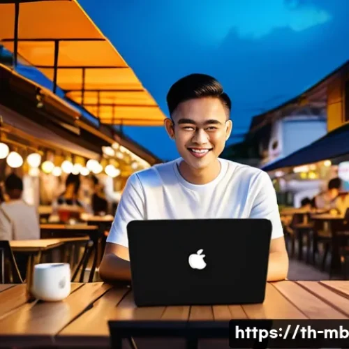 SNS 알고리즘 이해하기 - A modern Thai social media content creator working at a vibrant outdoor café in Bangkok during sunse...