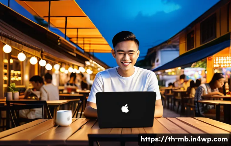 SNS 알고리즘 이해하기 - A modern Thai social media content creator working at a vibrant outdoor café in Bangkok during sunse...