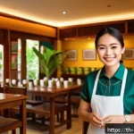 긍정적 고객 경험 사례 연구 - A cozy Thai café interior with warm lighting, natural wooden furniture, and fragrant jasmine flowers...