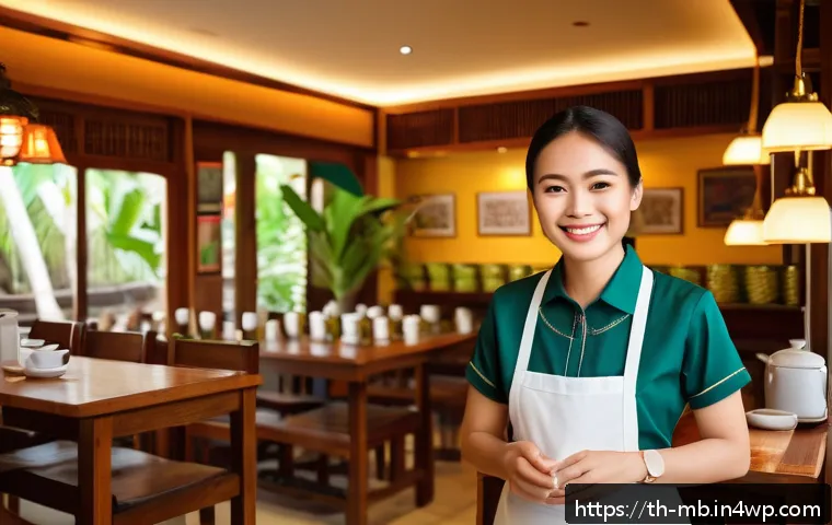 긍정적 고객 경험 사례 연구 - A cozy Thai café interior with warm lighting, natural wooden furniture, and fragrant jasmine flowers...