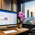 온라인 명성을 위한 데이터 분석 기법 - A modern digital marketing workspace in a sleek Bangkok office, featuring a large monitor displaying...