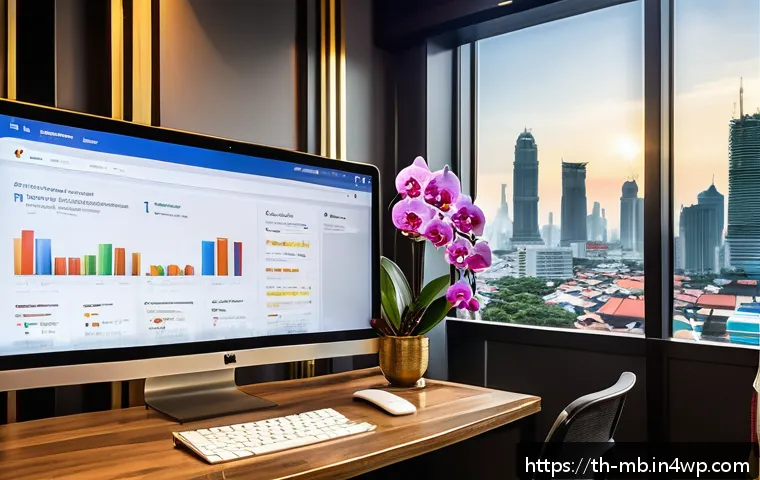 온라인 명성을 위한 데이터 분석 기법 - A modern digital marketing workspace in a sleek Bangkok office, featuring a large monitor displaying...