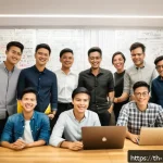 명성 구축을 위한 영상 마케팅 - A vibrant and dynamic creative workspace in Bangkok, Thailand, featuring a diverse group of young Th...